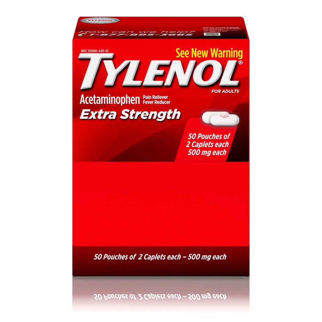 Tylenol Extra Tugevus Acetaminophen Caplets, 500 mg, Valu leevendamine ja palavik vähendaja peavalu, seljavalu, hambavalu, menstruaalkrambid ja valu, reisi-sõbralik pakend, 2-kapslid kotid, 50 loend