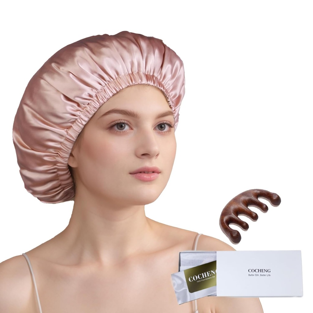 100% Mulberry Siidi Bonnet magavatele naistele Pikad juuksed - Kahekihiline une kork - Siidi une Bonnet koos elastse peatumisega peas (roosa, suur)