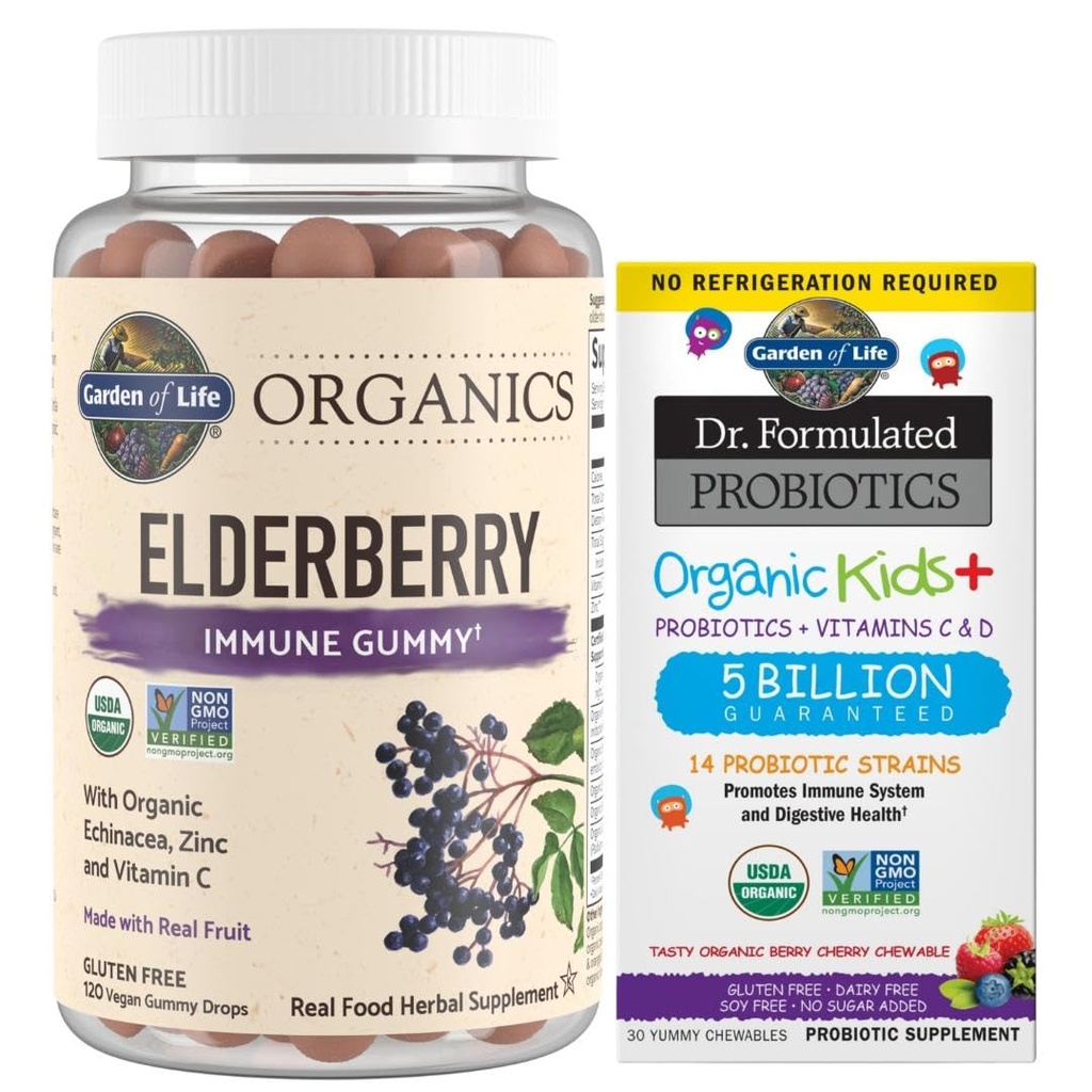 Eluaed Orgaanika Elderberry Gummies täiskasvanutele ja lastele - Immune Support Supplement & Dr. Formulated Probiootikumid Organic Kids + Plus C & D-vitamiin - Berry Cherry