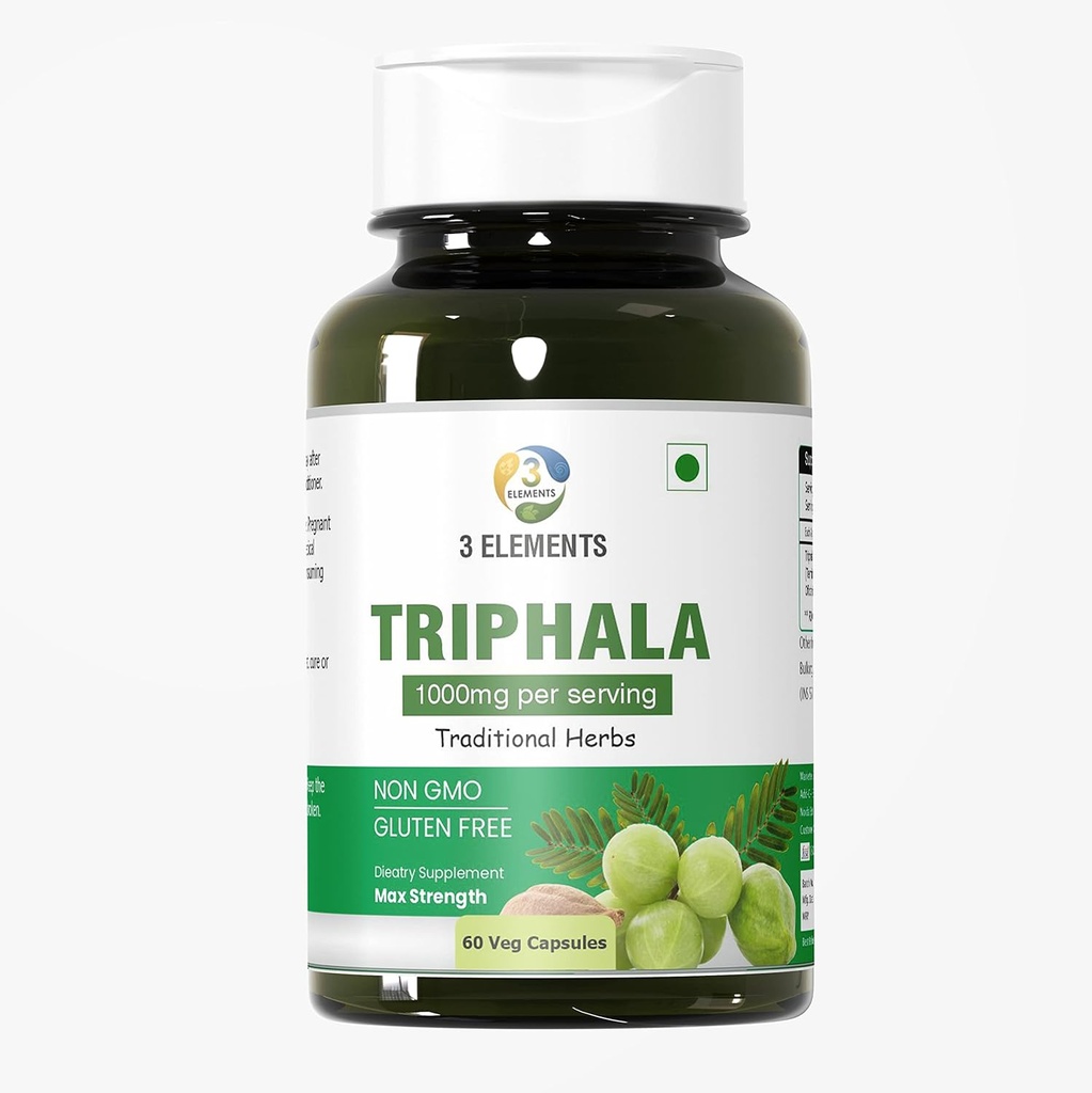 3 elementi Triphala 1000mg I 60 kapslid igapäevaseks detoksifitseerimiseks, puhastamiseks ja noorendamiseks, seedimiseks ja käärsoole toetamiseks, immuunsüsteemi tugi, adaptogeen, toitainete tihedus, vegan, gluteenivaba