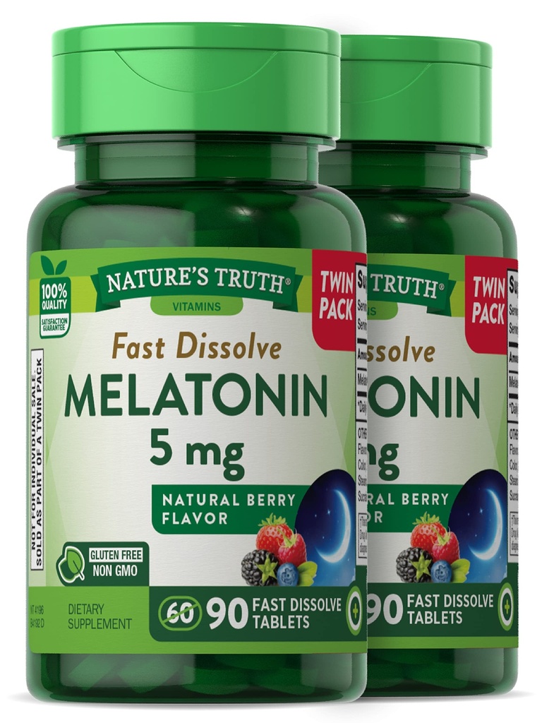 Looduse tõde Melatoniin 5 mg | 180 Kiiresti lahustuvat tabletti (2 X 90 kaksikpakendit) | Looduslik marjamaitse | Taimetoitlane, mitte-GMO, gluteenivaba lisand