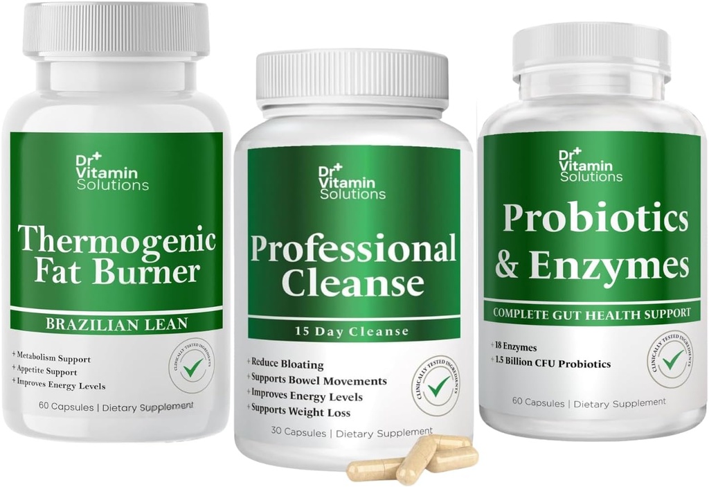 DR VITAMIINI LAHENDUSED Termogeenne rasvapõletaja ja professionaalne Detox Cleanse Bundle - 15-päevane puhastamine kehakaalu juhtimiseks, soolestiku terviseks ja puhumiseks - 240 kapslit