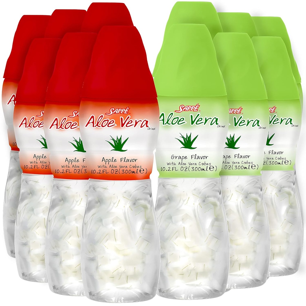 Aloe vera mahl (Grape & Apple) Aloe vera jook, millel on suuremad puhta aaloe viljaliha tükid (12 pakki) Taimne mahl on suurepärane hüdratsiooniks ja sisaldab suurt aaloe viljaliha. Aloe vera mahl on tervislik