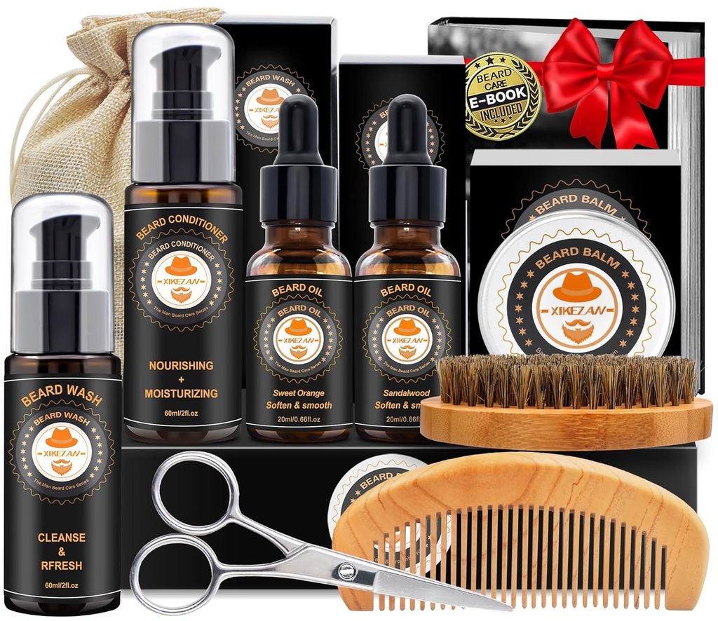 XIKEZAN Beard Kit meestele Grooming & Care w/Beard Conditioner, Wash, Oil, Balm, Brush, Comb, Birthday Isad Valentines Kingitused meestele Ta isa Mees Mees Poisssõber Jõulukingitused Mehed Varustajad