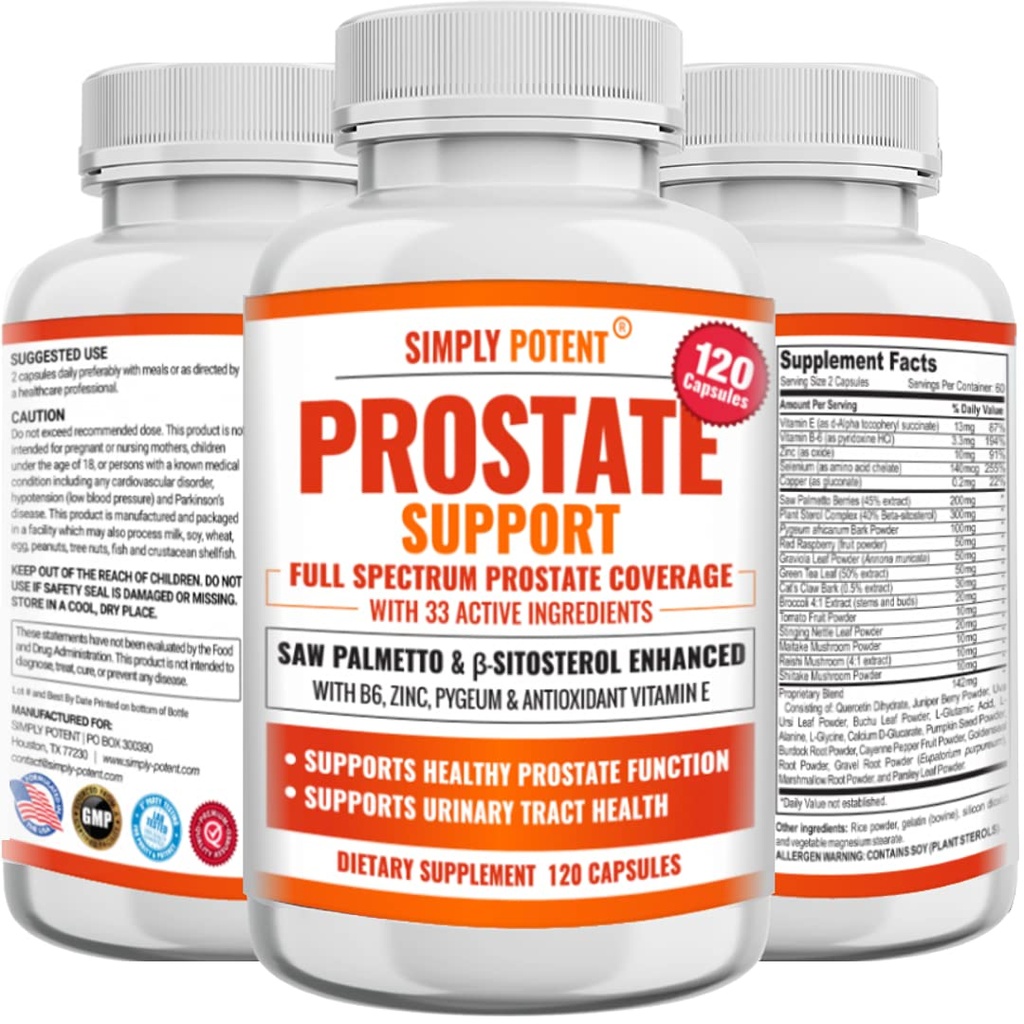 Eesnäärme toidulisandid meestele (120 kapslit), Saw Palmetto eesnäärme tervisetoetus - 33 vitamiinid ja maitsetaimed - Beeta Sitosterol Plus B6, Selenium & tsink tervisliku urineerimise sageduse ja voolu ja nõuetekohase une jaoks
