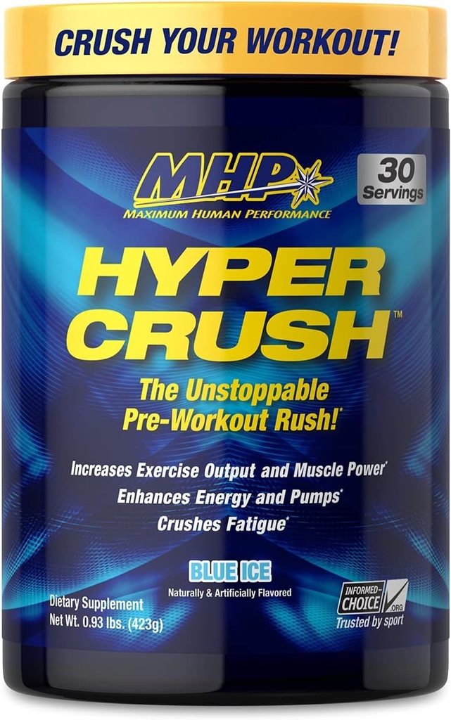 Maksimaalne inimese jõudlus MHP HYPER CRUSH Pre Workout energiajook kreatiini beeta alaniinlämmastikoksiidi pump tsitrulliin AKG 30 Servings, Sinine Jää, 14,88 Ounce