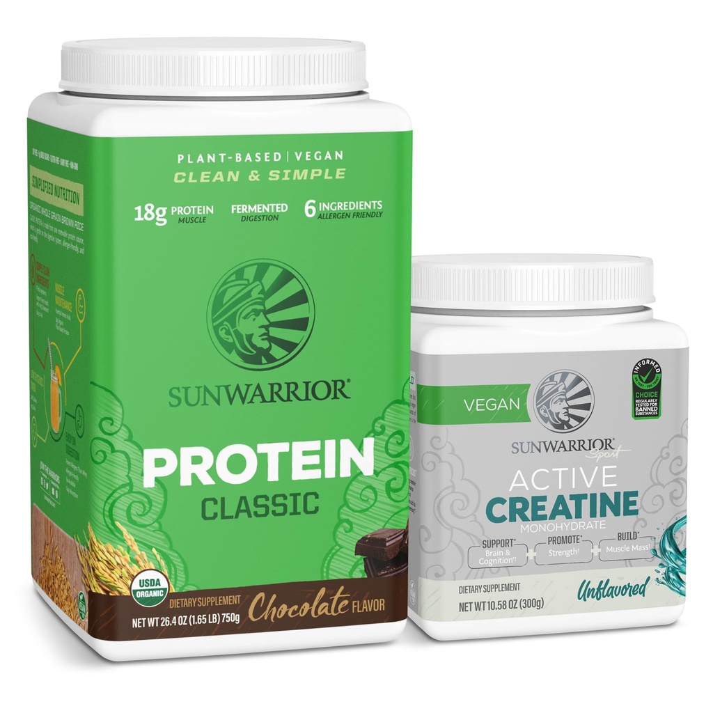Sunwarrior Brown Rice Protein Taimepõhine | Šokolaad 30 Servings & Kreatiin Monohüdraat Pulber | Mikroniseeritud Maitsestamata, 60 Servingut