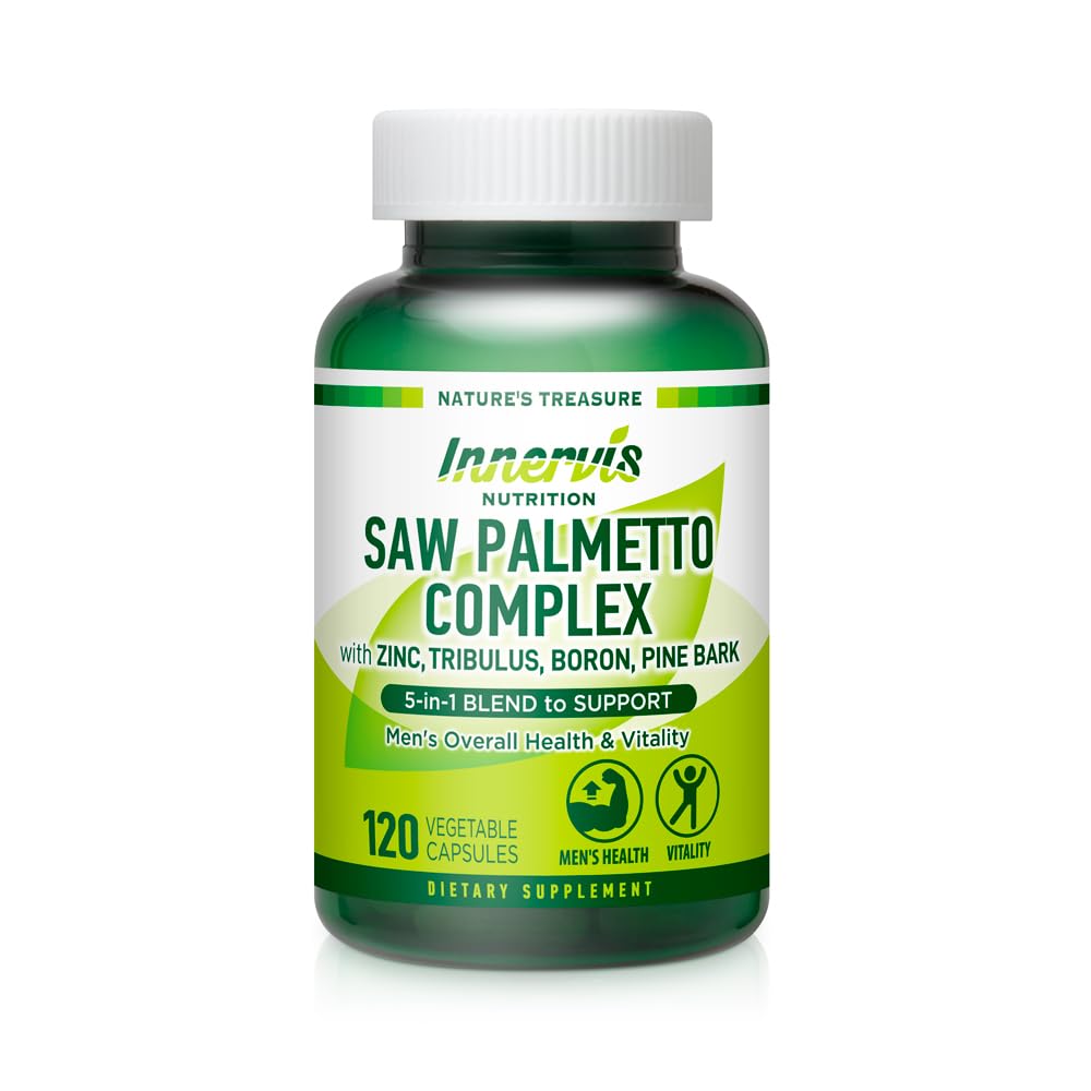 Eesnäärme ja kuseteede tugi meestele - 5-in-1 Saw Palmetto kompleks tsink, Tribulus, Boron, Pine Bark - 120 Veggie kapslit