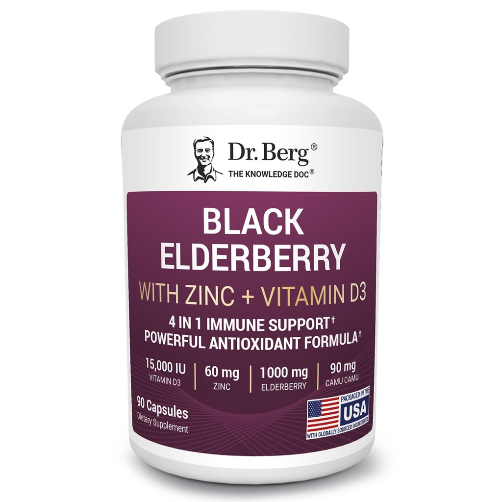 Dr Berg Black Elderberry kapslid (Advanced Immune Support *) 15 000 IU D-vitamiiniga, 60 mg tsinki ja 90 mg Camu Camu - (4-in-1) Sambucus Elderberry Immune Support Supplement - 90 kapslit