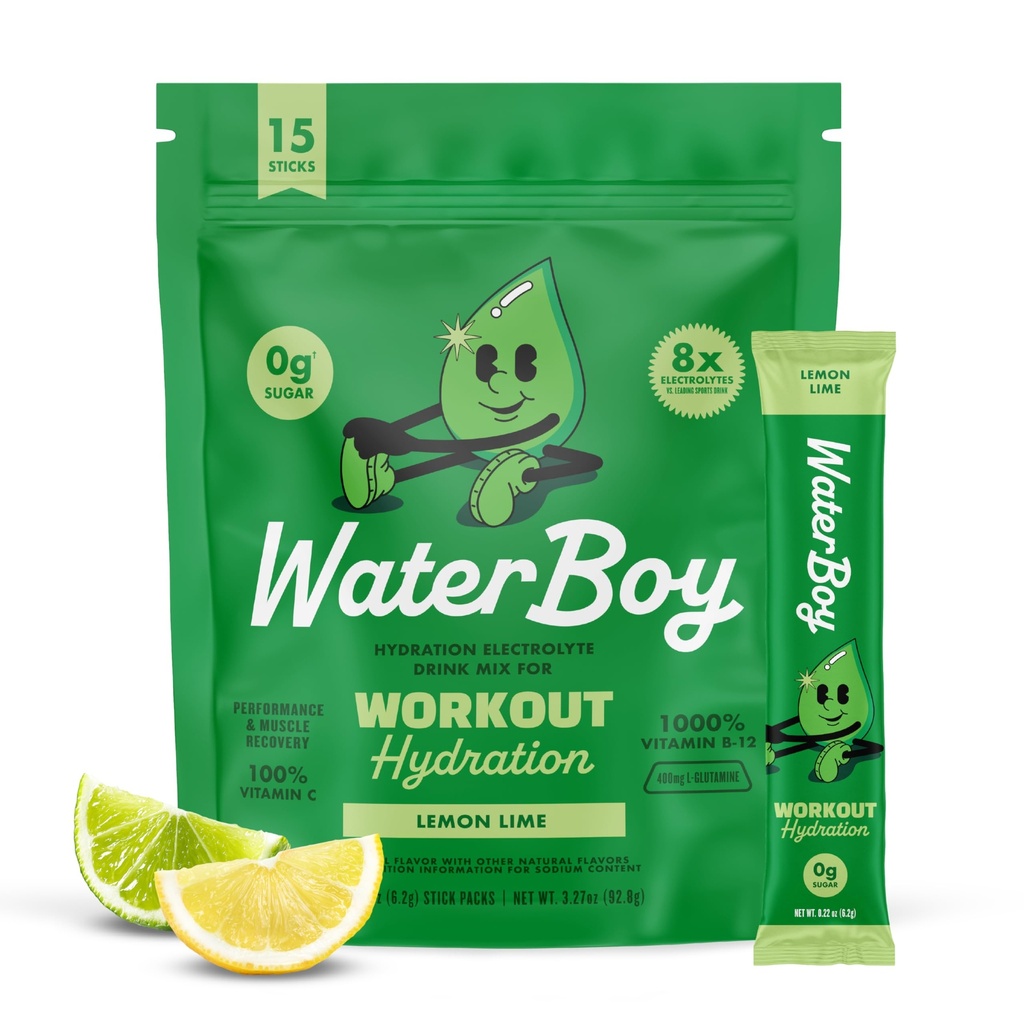 Waterboy Treening Hüdratsioon | 2,960mg Suhkruvaba elektrolüüt Pulber Pakendid | L-Glutamiin + Vitamiinid | Ei Suhkrut, Kõik Looduslikud, Gluteenivabad | 15 Joogipulgasegud (sidrunlubja)