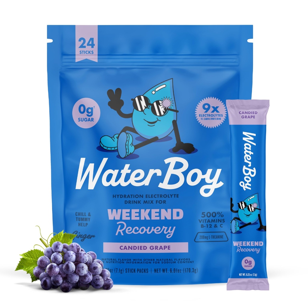 Waterboy Weekend Recovery | 3187mg elektrolüütide pulbri pakendid | Ingver + L-Theanine + vitamiinid | Ilma suhkruta, kõik looduslikud, gluteenivabad | 24 joogipulgasegud (viinamarja)