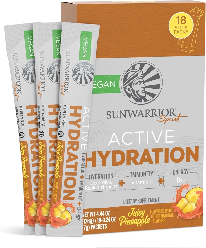 Sunwarrior Hüdratsioon Pulber Elektrolüütpakendid Pulber B12 Elderberry | Juicy Ananassi Maitsestatud 18 Stick Packs 126g Pouch | Vegan ja taimepõhine suhkur Vaba