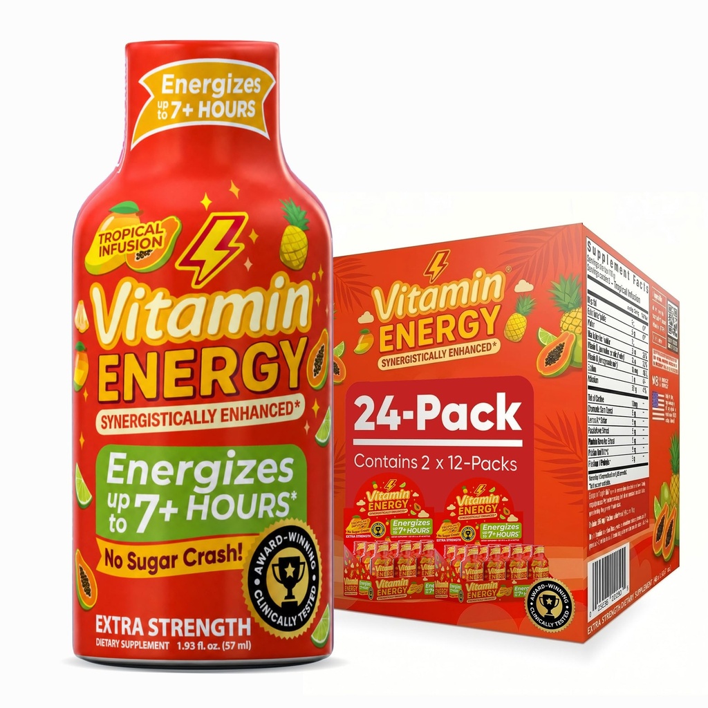 Vitamiinienergia fookus + ekstra tugevus Energia Shot Tropical Infusioon 24 Pack, 260mg looduslik kofeiin, B-vitamiinid, CoQ10, aminohapped, fookus, tootlikkus ja selgus, nullsuhkur, gluteenivaba, 1,93 fl oz