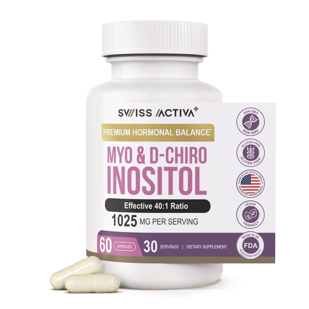 Swiss Activa+ Labs Myo Inositool Supplement & D-Chiro Inositool Supplement - Premium Hormoon Tasakaal naistele ja PCOS Supplements - Regulaarne menstruaaltsükkel - Munasarjade tugi - 30 päeva pakkumine