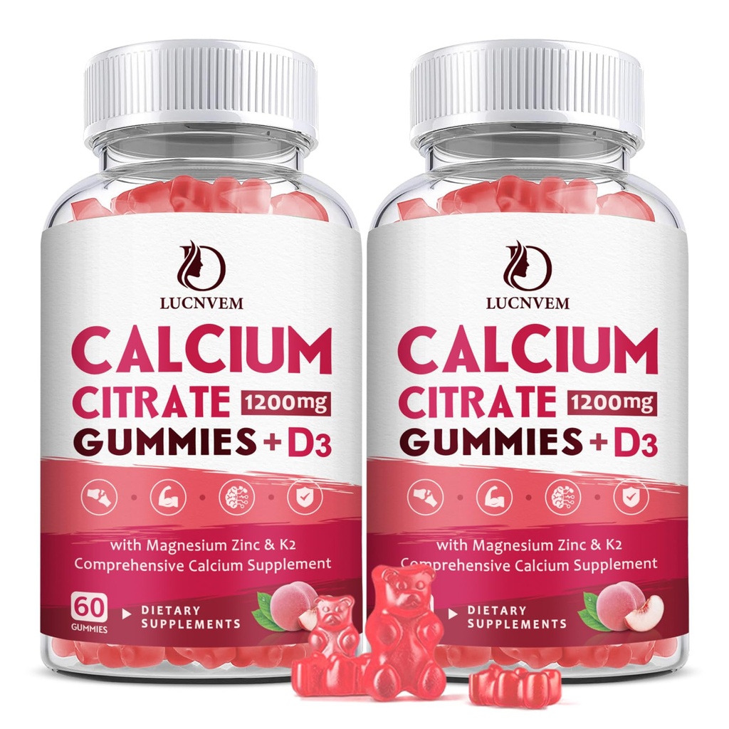 (2 Pack) Kaltsiumtsitraat 1200mg koos D3-vitamiini lisanditega Naistele ja meestele mõeldud kummikud, kaltsiumkummid koos D3-vitamiini K2-ga, kõrge imendumine luulihastele Tervislik - virsikumaitse - 60 päeva pakkumine