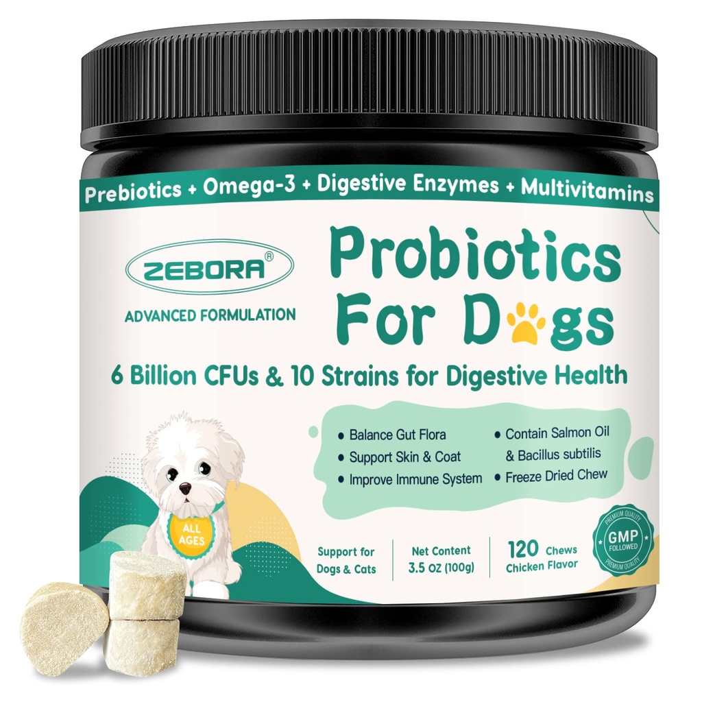Probiootikumid koertele Seedetrakti Tervis, Koerte probiootikumid ja seedetrakti ensüümid, prebiootikumid, Omega-3 & 6 ja vitamiin koertele, 6 miljardit CFU-d soolestiku tervise ja immuunsüsteemi toetuseks, 120 närimist