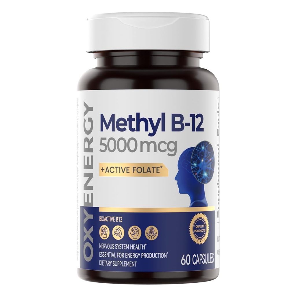 OxyEnergy Metüülvitamiin B12 5000mcg, ekstra tugevus Metüülkobalamiin B-12 toidulisandid folaadiga, tuginärvid, energia ainevahetus ja kognitiivsed, 60 kapslit
