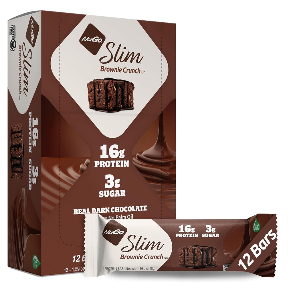 NuGo Slim Dark Chocolate Brownie Crunch, 16 g Protein Bar, Gluteenivaba, Non-GMO, Kosher, Keto Friendly, Low Carb, 12 Count