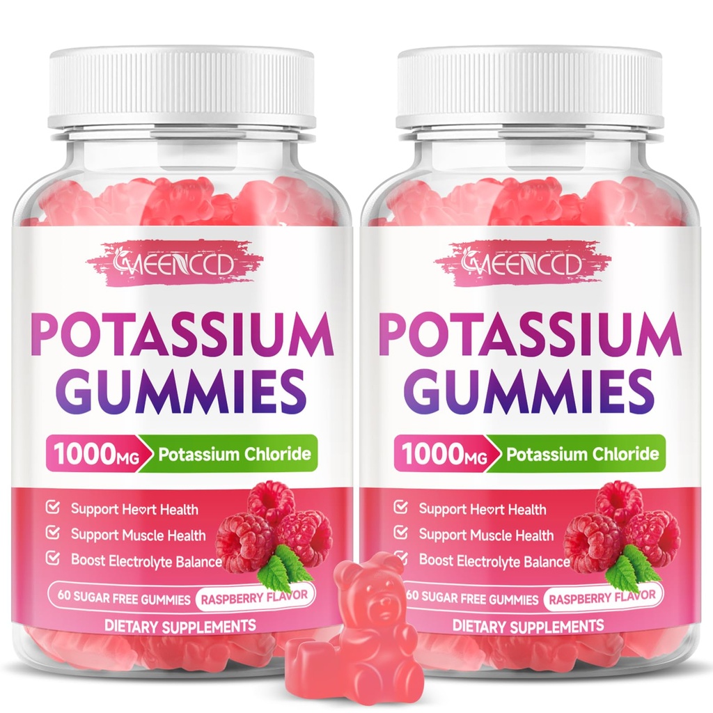 2 Pack Kaalium Gummies, Kaalium Chloride 1000mg täiskasvanutele, Suhkruvaba Kaaliumilisandi Gummies Support Elektrolüütide Tasakaalu & Jalakrambid Naistele & Meestele, Vaarika Maitse, 120 Count