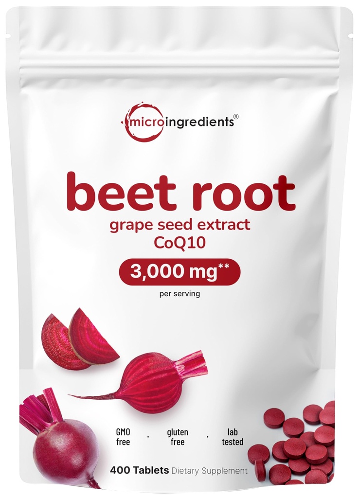 Suhkrupeedi juur 3,000mg koos viinamarjaseemne ekstrakti & CoQ10, 400 tabletti | 200 serveerimist | Superpeedi täiendused värskest peediekstraktist lämmastikoksiidi, vererõhu ja südame tervise toetamiseks