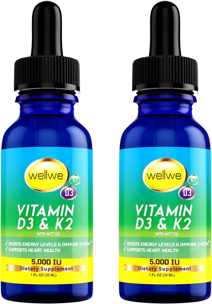 2 pudelit Vedel Vitamiin D3 K2 langeb 5000 IU MCT õli - Vegan Vegani Vedel D-vitamiini lisand energiataseme, meeleolu ja immuunsüsteemi suurendamiseks, maitsestamata, lõhnata, gluteenivaba, mitte-GMO, 2 Fl Oz