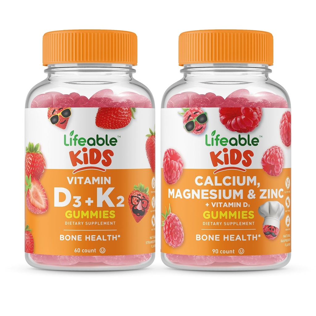 Elujõuline D3-vitamiin + K2-vitamiin Lapsed + Kaltsiummagneesium & Tsink Lapsed, Gummies Bundle - suurepärane maitse, vitamiinilisand, Gluteenivaba, GMO-vaba, närimiskumm