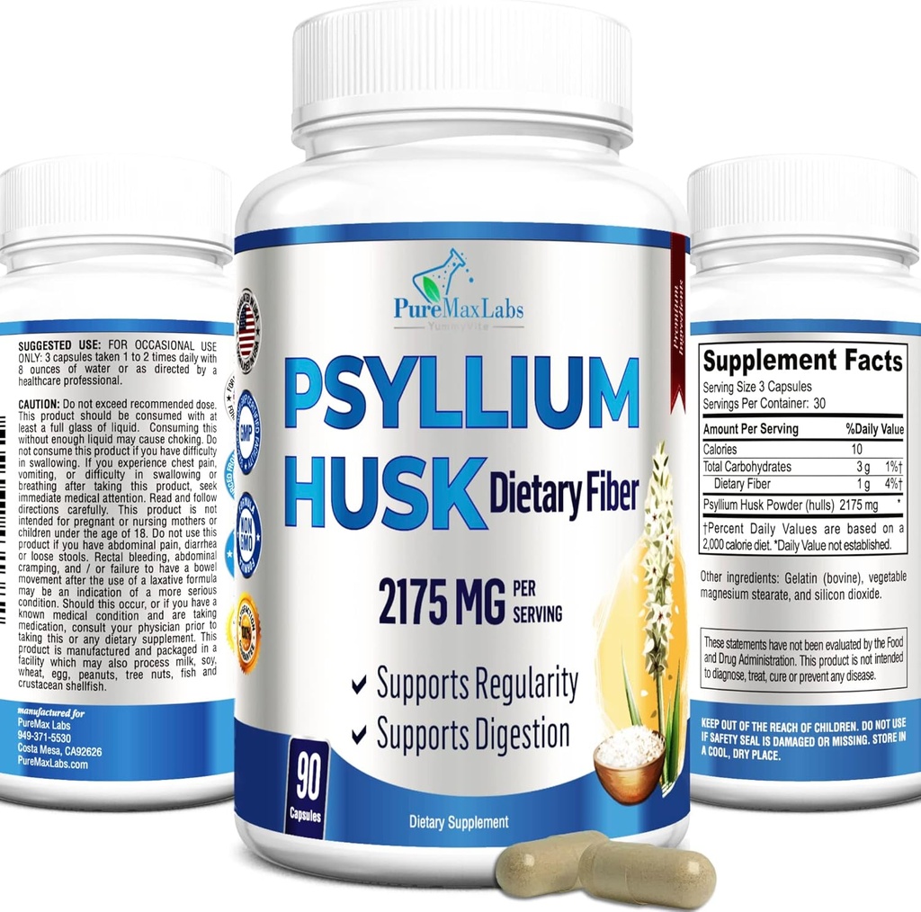 Psyllium Husk Dieet Fiber Supplement 2175mg, Non-GMO, 90 kapslit
