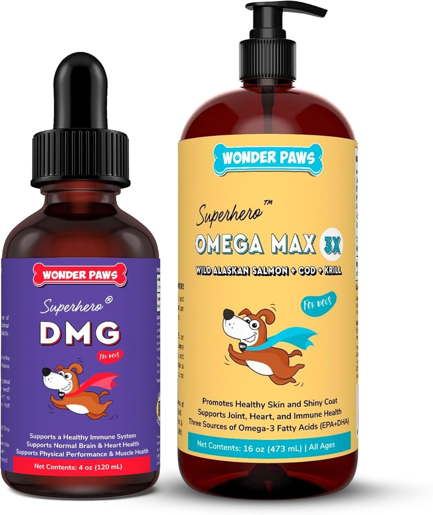 PAWS Premium DMG Vedel Plus Omega Max kalaõli - koerte immuunsuse tugi, nahk, allergiad, liigeste hooldus ja üldine tervis - DMG 4 Ounces - Omega Max 16 Ounces