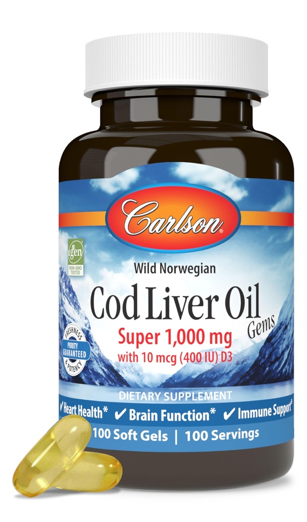Carlson - tursamaksaõli, Super 1000 mg + vitamiinid A & D3, metsik norra, jätkusuutlikult hangitud, 100 Softgels