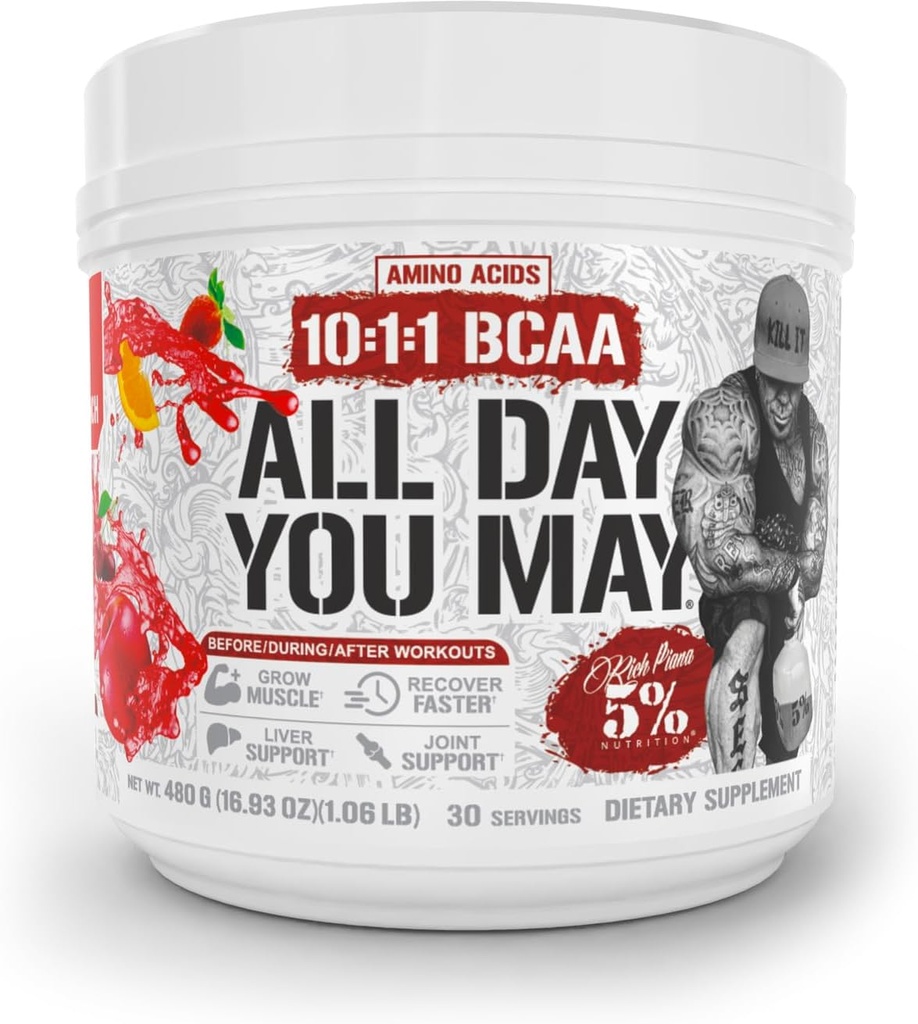 5% Toitumine Rikkalik Piana AllDayYouMay BCAA pulber | Premium Intra & Post Treening Aminohapped, Hüdratsioon, Kestvus, Lihaste Taastamine, Liigeste Ja Maksa Toetus | 16.93 oz, 30 Servings (Fruit Punch)