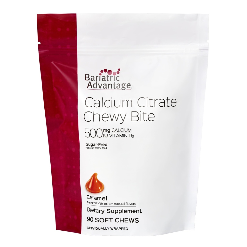 Bariaatriline eelis Kaltsiumtsitraat Chewy Bites 500 mg - väga imenduv & seeditav - Vitamiin D3 - kergesti näritav kaltsiumilisand - karamellimaitse - 90 loend
