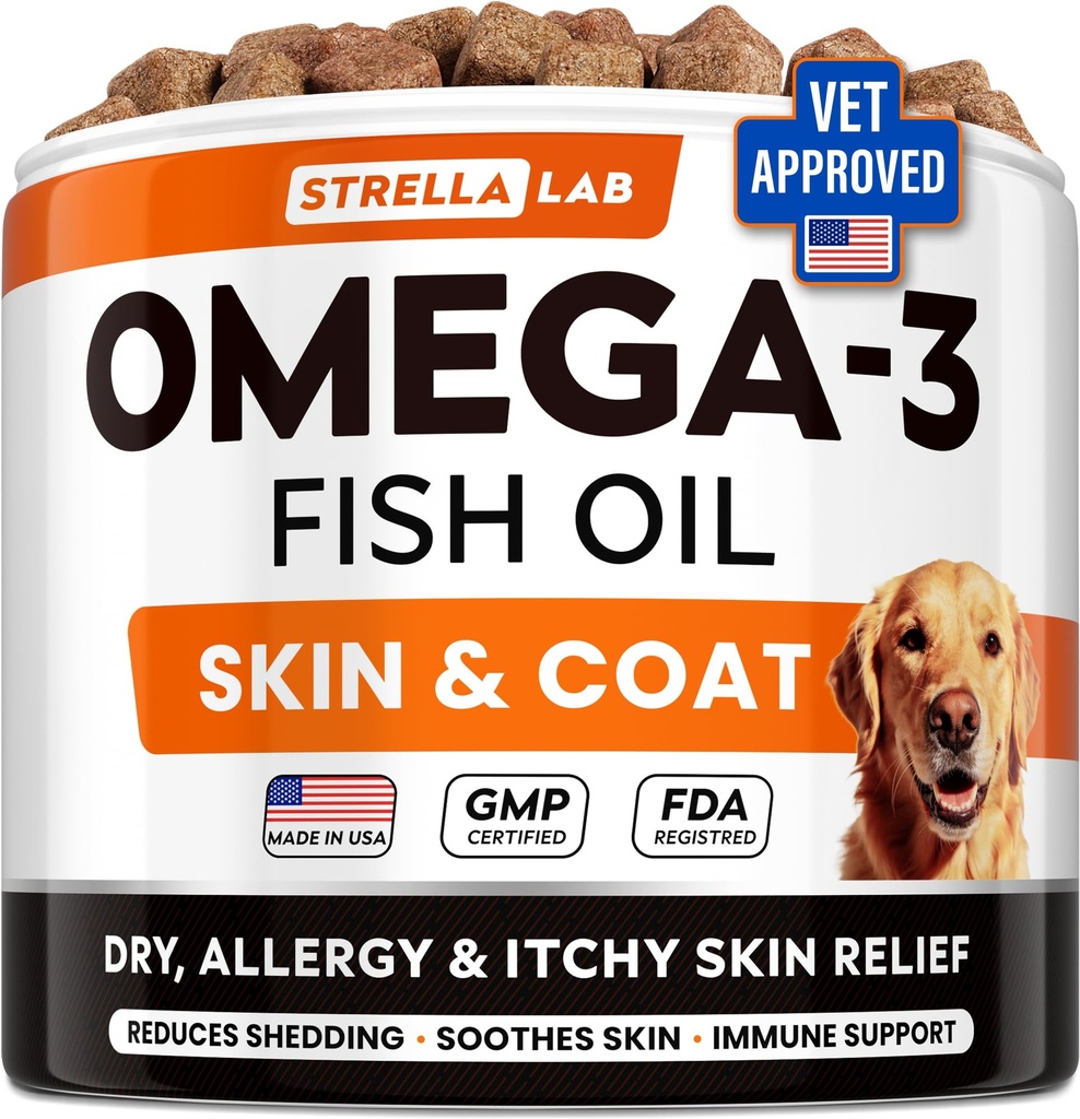 StrellaLab Omega 3 koertele - (180Ct) Kalaõli ravi - Allergia & Itch Relief Naha & Coat Supplement - Kuiv sügelev nahk, Anti Shedding & Hot Spots Ravi - Lemmikloomade lõhe õli närib - kana maitse