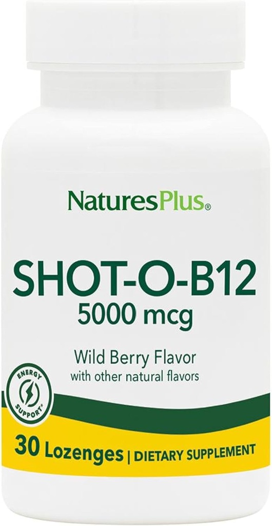 NaturesPlus Shot-O-B12-30 Lozenges, Wild Berry Maitse - 5000 mcg - Vegan, Gluteenivaba - 30 Servings
