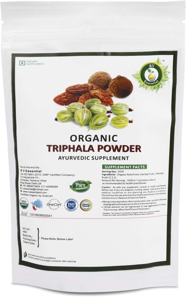 R V Essential Organic Triphala Pulber 200 gm/ 7, 05oz/ 0, 44lb- Valmistatud Haritaki, Vibhitaki ja Amla 1: 1: 1 Triphala Churna pulber USDA orgaaniline sertifitseeritud Ayurveda taimelisandi Zip Lock Pouch