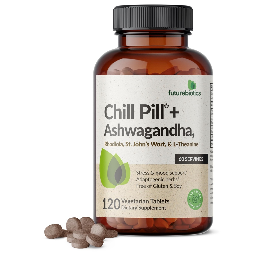 Futuuribiootikumid Chill Pill + Ashwagandha, Rhodiola, naistepuna, L-Theanine - mitte-GMO, 120 taimetoitlast tabletti