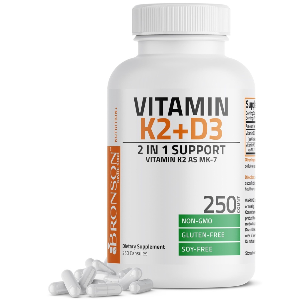 Bronsoni vitamiin K2 (MK7) koos D3-lisandiga Mitte-GMO valem 5000 IU D3-vitamiin & 90 μg K2 MK-7 Lihtne alla neelata D & K kompleks, 250 kapslit