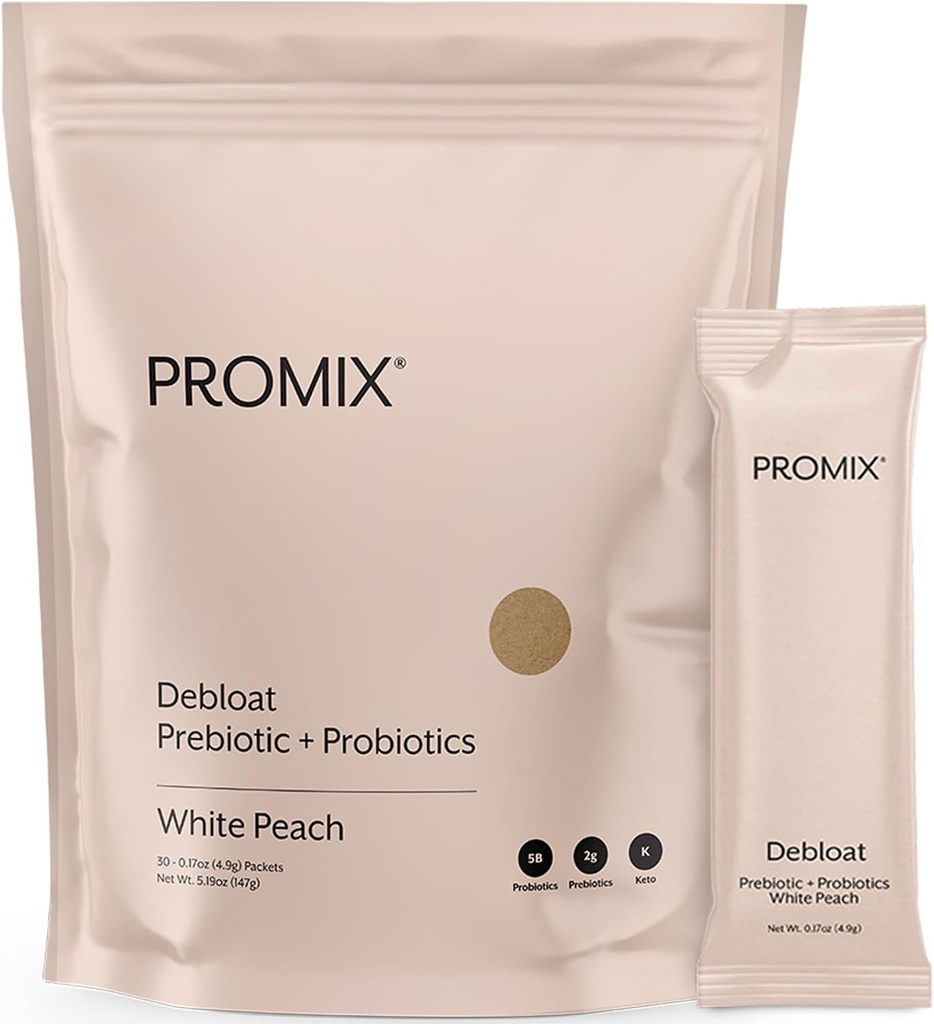 ProMix Toitumine Debloat Prebiootikumid ja probiootikumid, Bloating Relief naistele, Gut Cleanse Detox meestele ja immuunsüsteemi tugi - Valge virsik - 30 Servings (Pack of 30)