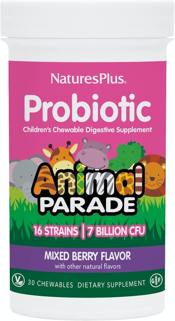 NaturesPlus Animal Parade probiootikum, segatud marjad - 30 närimistables - laste seedimist täiendada - toetab soolestiku tervise ja immuunsüsteemi funktsiooni - vegan, gluteenivaba - 30 serveerimist