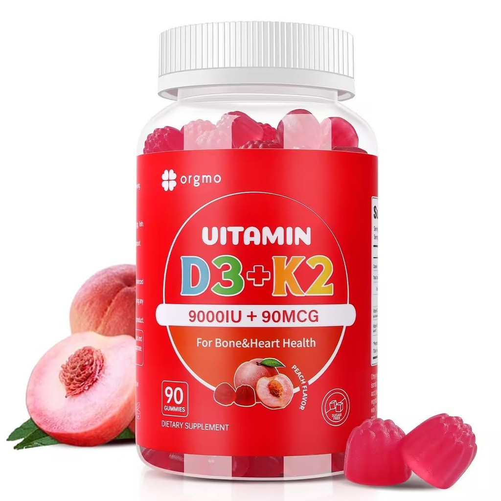 Vitamiin D3 K2 Gummies - 90 Krahv Suhkruvaba Vitamiin D3 9000 RÜ + K2(MK-7) 90 mcg luude ja immuunsüsteemi tervise, Vegan närimistable K2 D3 vitamiinilisandi Naistele Meestele (virsikumaitse)