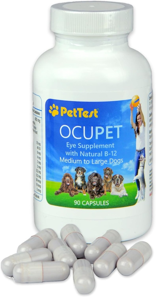 Ocupet Advanced Vision and Eye Health Supplement for Medium to Large Dogs Packed with Natural B12, Viinamarjaseemne ekstrakt ja luteiin, et toetada diabeetikute või silmadega seotud seisunditega lemmikloomi - 90 kapslit