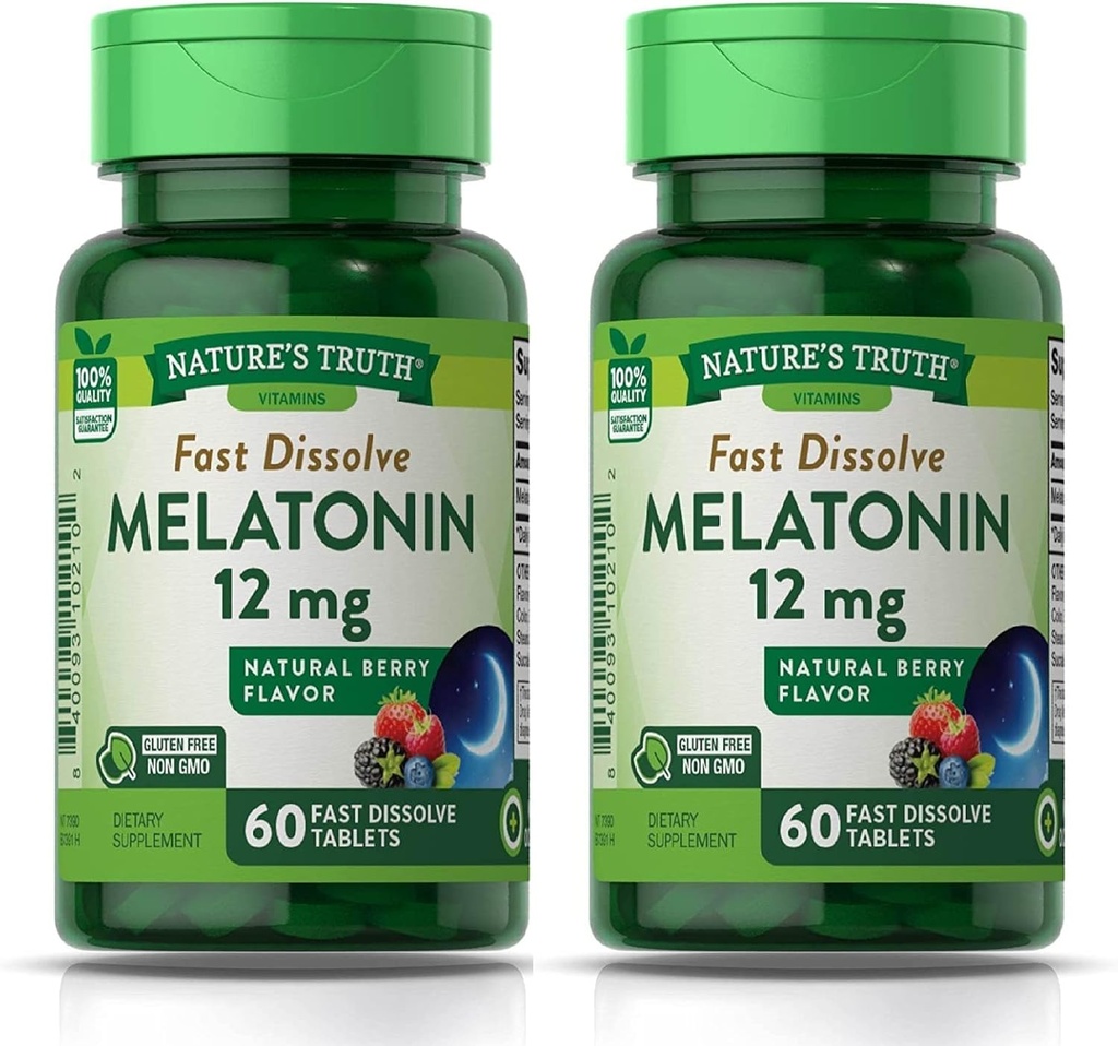 Nature's Truth Melatoniin 12 mg, Natural Berry Flavor, 60 Count, Multi (pakk 2)