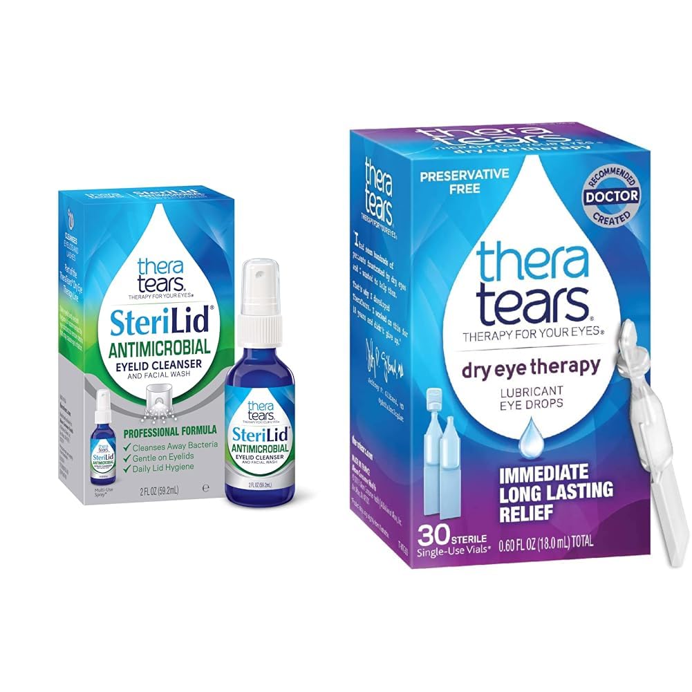 TheraTears SteriLid Eyelid Cleanser and Dry Eye Therapy Lubricant Eye Drops Bundle, 2 fl oz ja 30 viaali