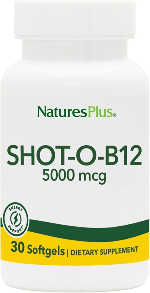 Natures Plus Shot-O-B12 (tsüanokobalamiin) - 5000 mcg, 30 Softgels - kõrge potentsi, kiire toime B12 täiendus - mälu ja energia võimendaja - gluteenivaba - 30 Servings