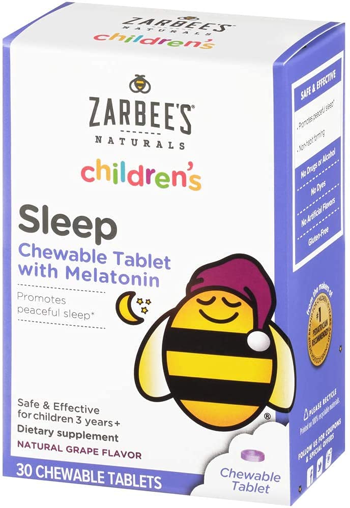 Zarbee's Kids 1mg melatoniini närimistablett, ravimivaba ja tõhus une täiendada, lihtne võtta looduslikud viinamarjamaitse tabletid lastele vanuses 3 ja üles, 30 Count