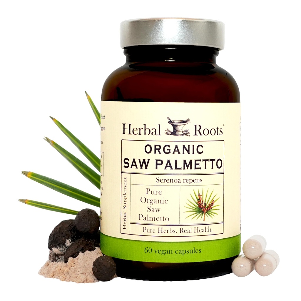 Taimsed juured Orgaaniline Saw Palmetto kapslid | 1000mg ühe serveerimise kohta | 60 orgaanilist vegankapslit