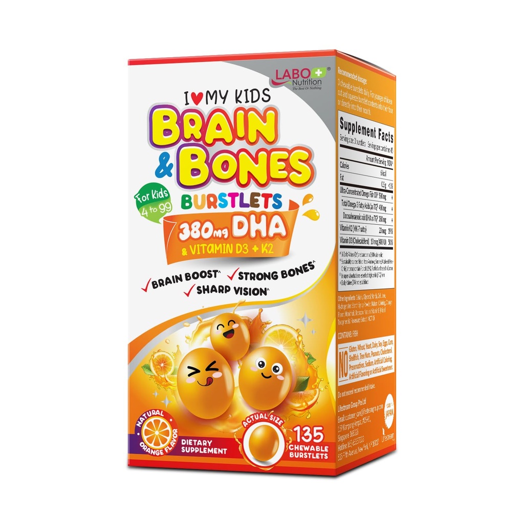 LABO Nutrition I My Kids Brain & Bones Näritav Burstlet, Gluteenivaba, tugevamate luude ja käitumise juhtimiseks, 76% ultrakontsentreeritud rTG vorm Omega 3 DHA kalaõli, vitamiin D3 & K2, oranž