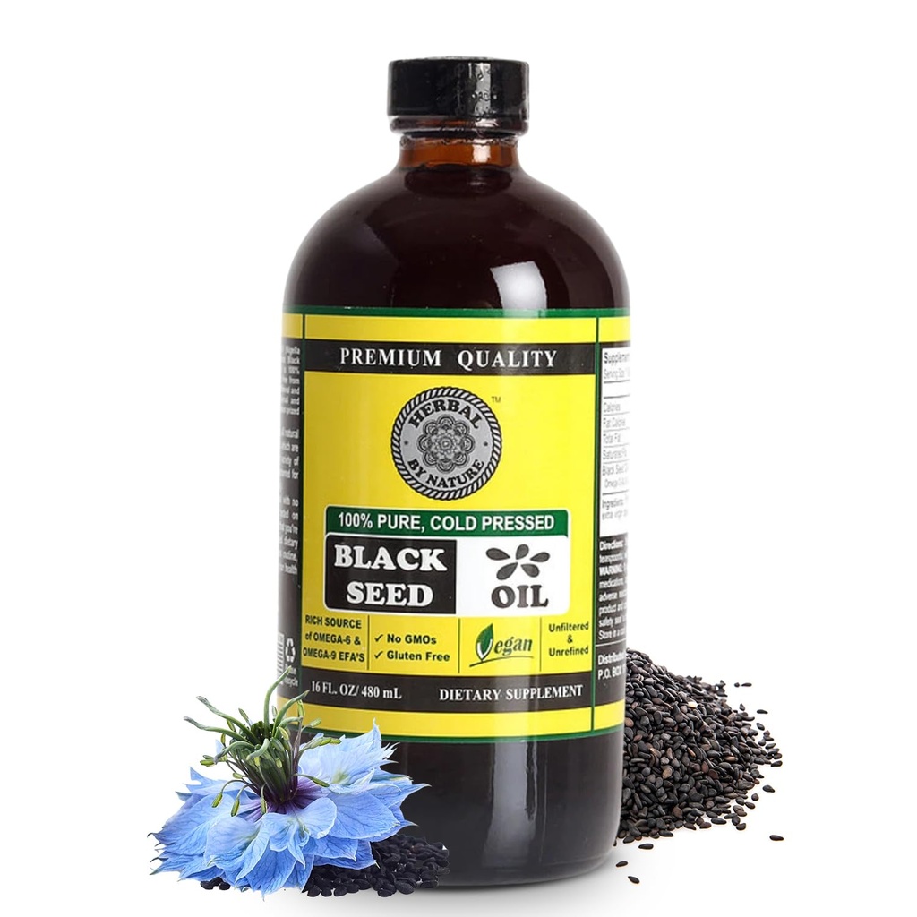 Puhas musta seemne õli - 100% puhas Nigella Sativa - külmpressitud - Vegan - Non GMO - 16 oz - klaaspudelis - taimed looduse järgi