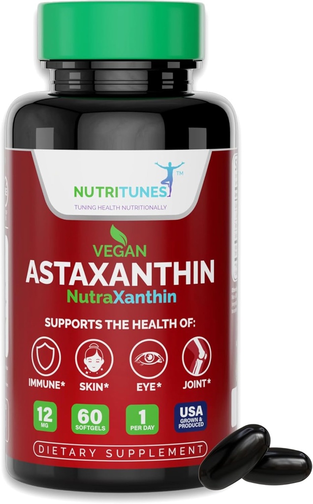 Astaksantiin 12mg Vegan Softgels - kõrge potentsi antioksüdant naha, silmade ja immuunsuse toetamiseks - mitte-GMO, gluteeni, soja, laktoosi ja BSE, 60 Vegan Softgels, 2-kuuline pakkumine