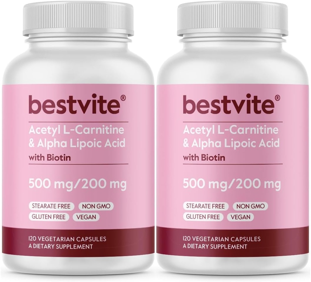 BESTVITE Atsetüül L-karnitiin 500 mg & alfa-lipohape 200 mg kapsli kohta koos biotiiniga (240 taimekapslit) (120 x 2) - Steaate ei ole - vegan - mitte GMO - gluteenivaba