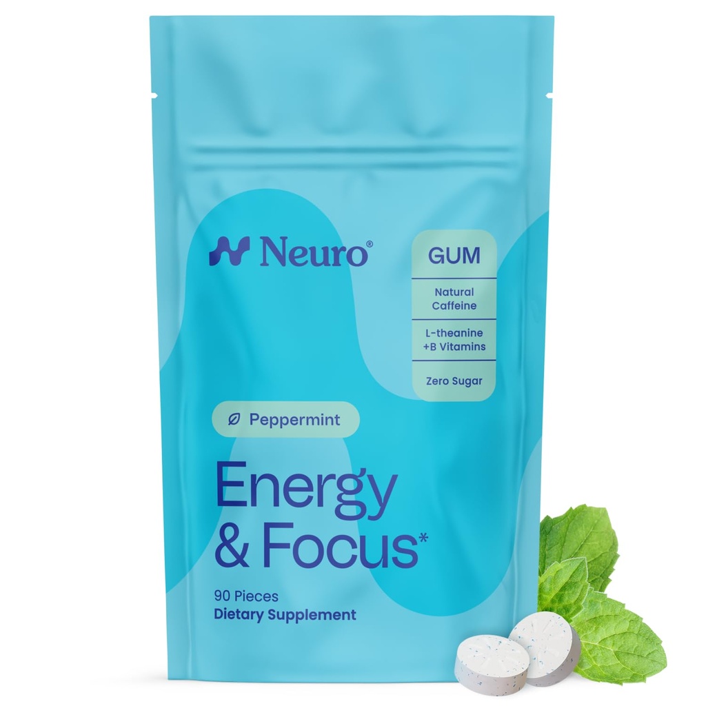 Neuro Energy & Focus Gum - 40mg looduslik kofeiinkummi & Nootroopne energialisa koos L-Theanine & B vitamiinidega - suhkruvaba, vegan - piparmünt, 90ct
